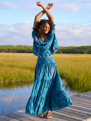 Hanna Embroidered Convertible Maxi Skirt - Block Stamp Indigo