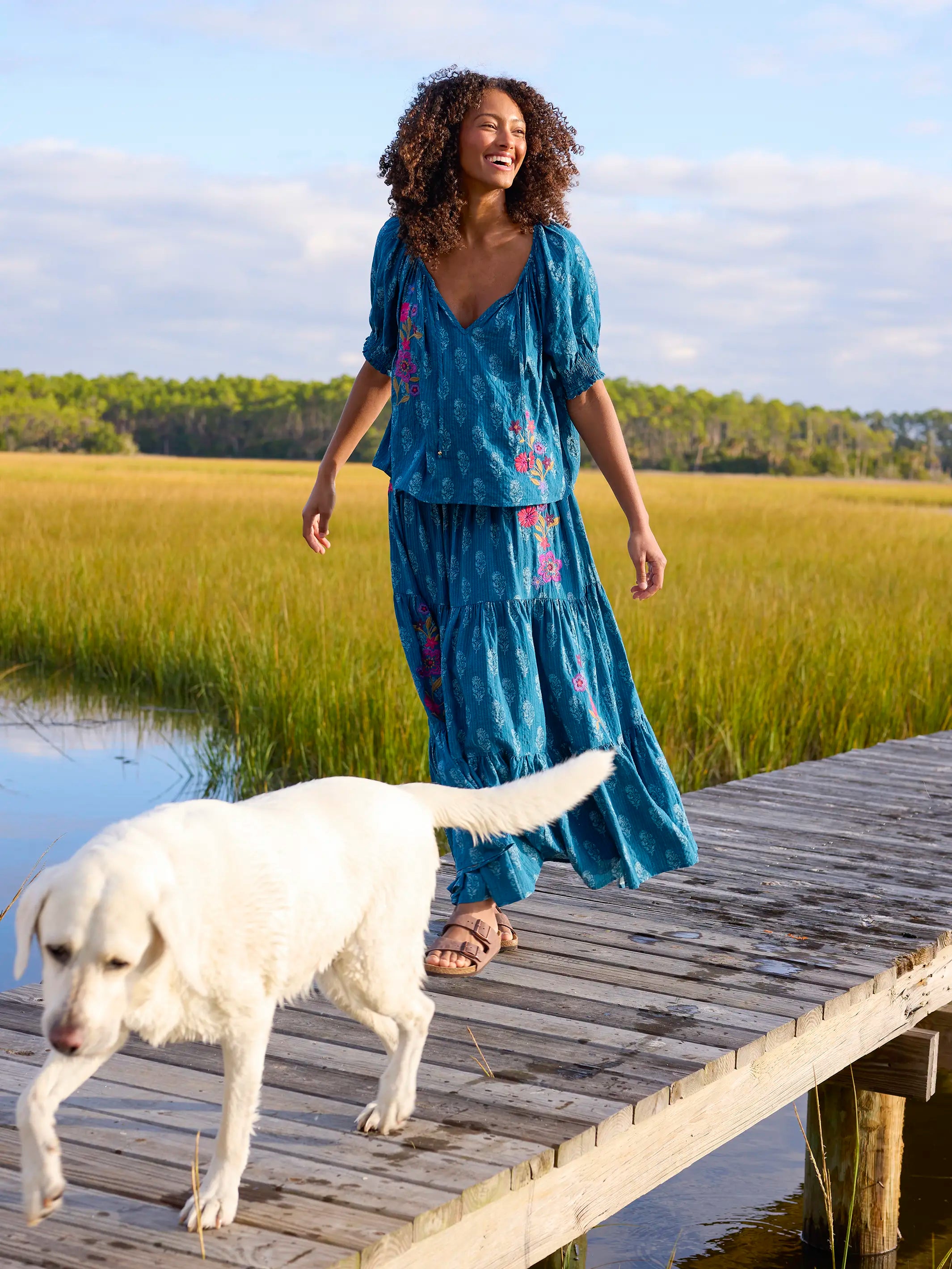 Hanna Embroidered Convertible Maxi Skirt - Block Stamp Indigo