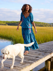 April Embroidered Top - Block Stamp Indigo