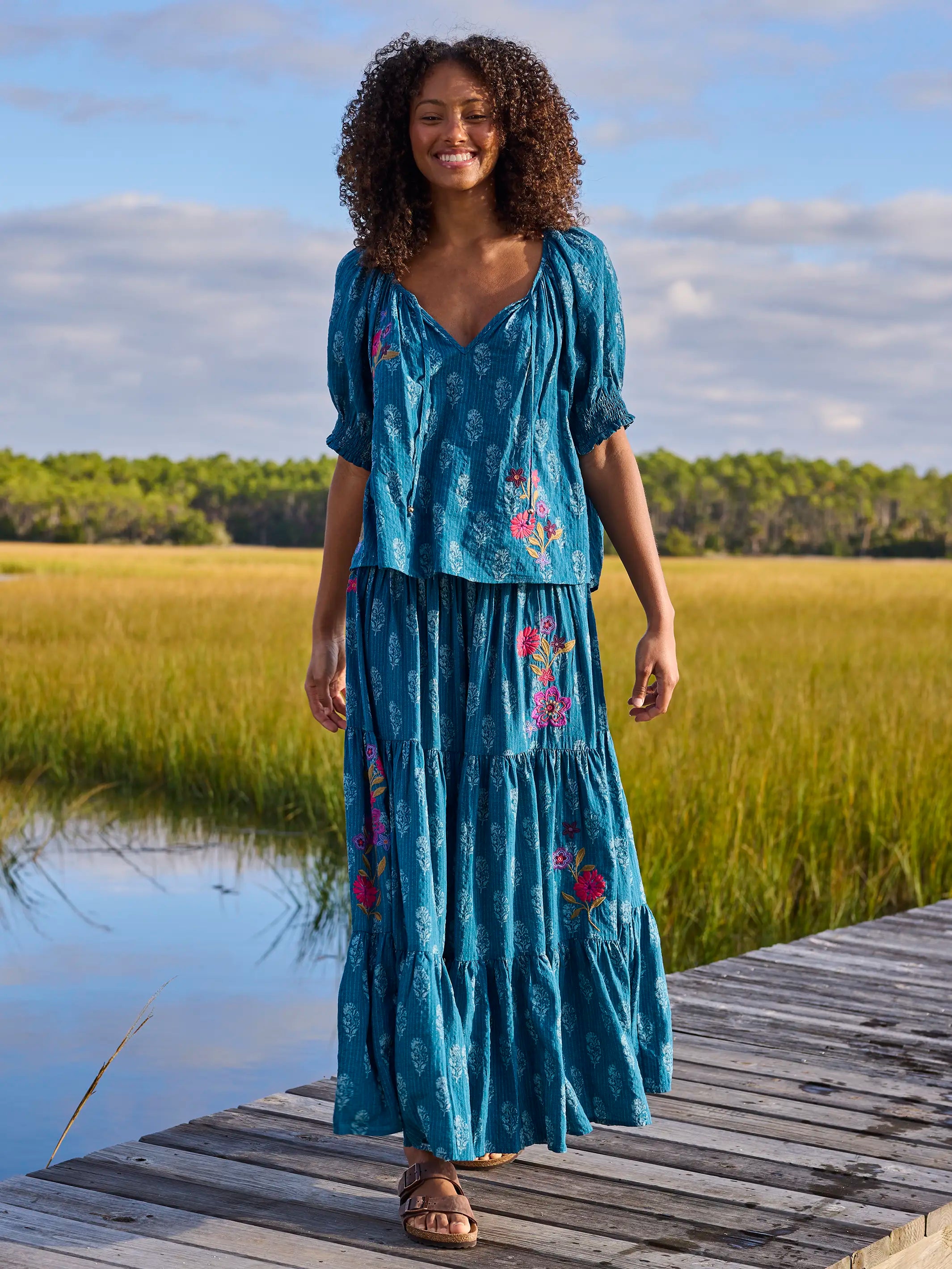 April Embroidered Top - Block Stamp Indigo