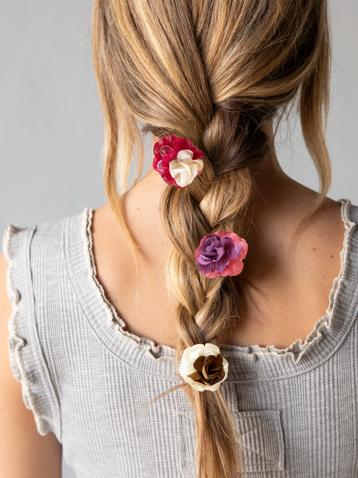 Mini Fabric Flower Hair Clips, Set of 3 - Red